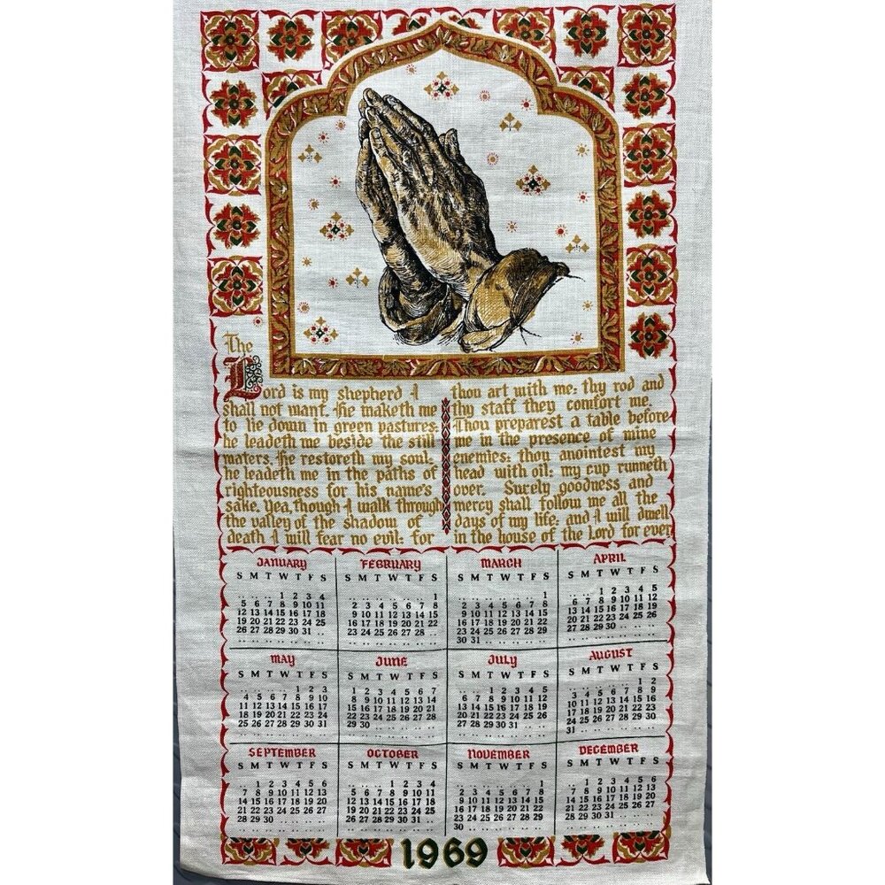Vintage 1969 Linen Kitchen Towel Calendar The Lord’s Prayer 28” x 16.5”